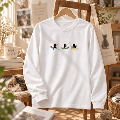 猫 長袖Tシャツ｜釣り黒猫 イラスト ｜ねこ ロンT メンズ レディース S-2XL