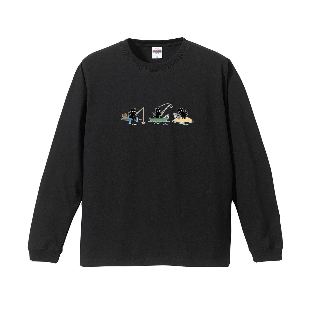 猫 長袖Tシャツ｜釣り黒猫 イラスト ｜ねこ ロンT メンズ レディース S-2XL