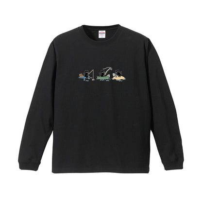 猫 長袖Tシャツ｜釣り黒猫 イラスト ｜ねこ ロンT メンズ レディース S-2XL