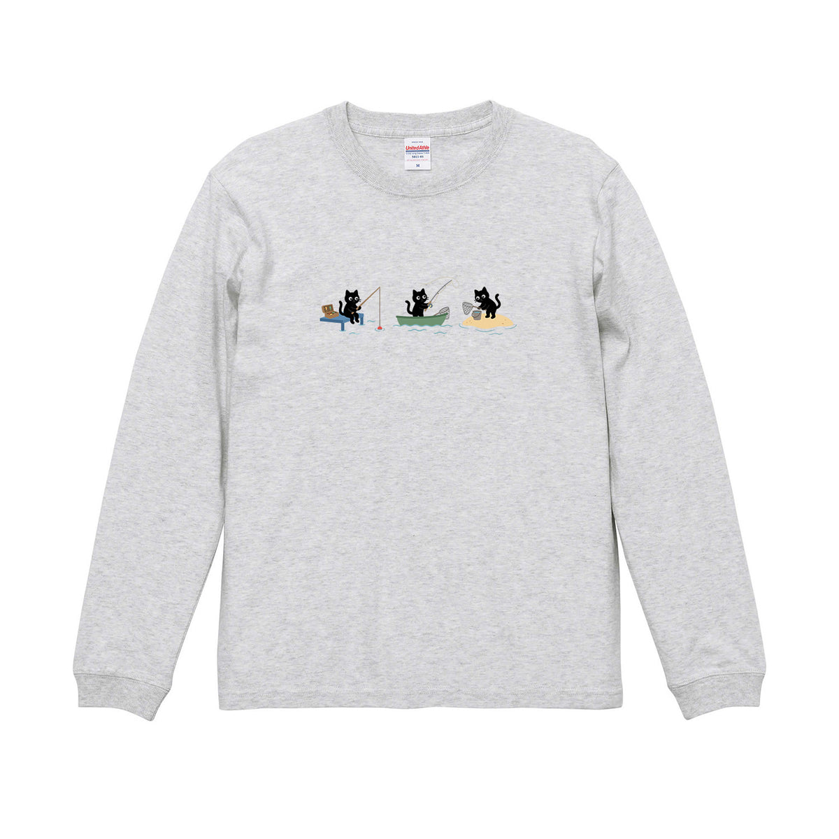 猫 長袖Tシャツ｜釣り黒猫 イラスト ｜ねこ ロンT メンズ レディース S-2XL