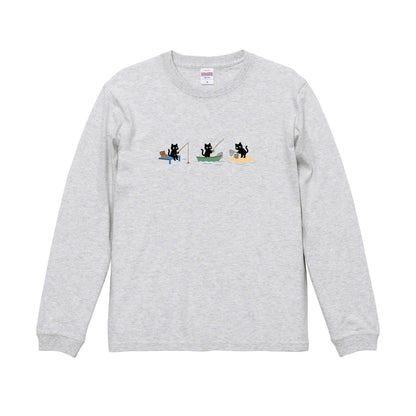 猫 長袖Tシャツ｜釣り黒猫 イラスト ｜ねこ ロンT メンズ レディース S-2XL