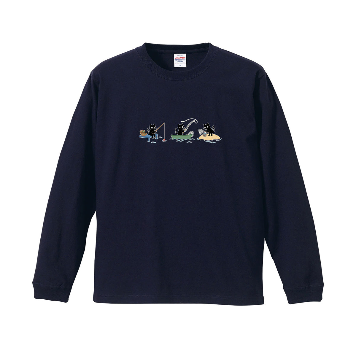 猫 長袖Tシャツ｜釣り黒猫 イラスト ｜ねこ ロンT メンズ レディース S-2XL