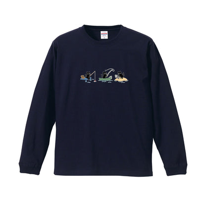 猫 長袖Tシャツ｜釣り黒猫 イラスト ｜ねこ ロンT メンズ レディース S-2XL