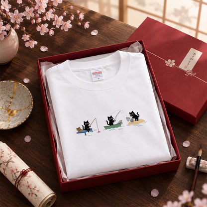 猫 長袖Tシャツ｜釣り黒猫 イラスト ｜ねこ ロンT メンズ レディース S-2XL