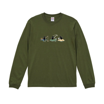猫 長袖Tシャツ｜釣り黒猫 イラスト ｜ねこ ロンT メンズ レディース S-2XL