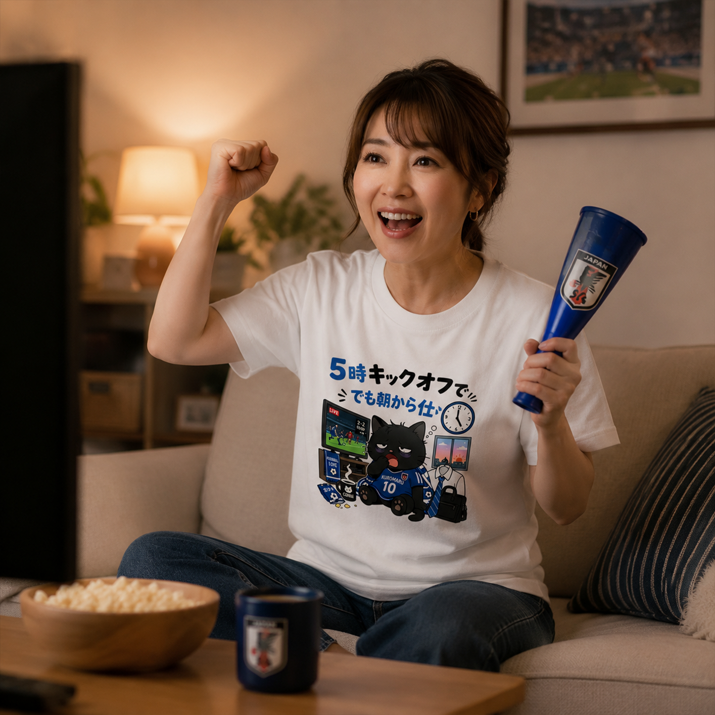 くろまるTシャツ｜5時キックオフでも朝から仕事｜ワールドカップ応援デザイン