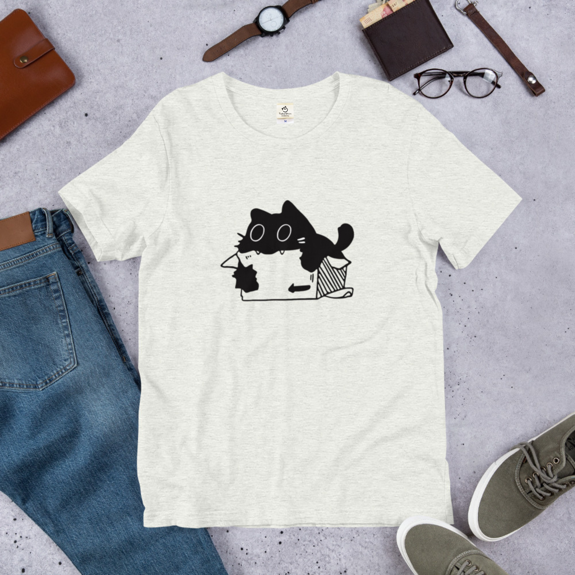 猫tシャツ ねこ 猫イラスト 段ボールが好きな猫｜アダルト&キッズサイズ.