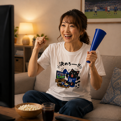 くろまるワールドカップTシャツ｜決めろー！！サッカー観戦 猫Tシャツ