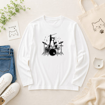 猫 長袖Tシャツ｜ドラム猫イラスト｜ねこ ロンT メンズ レディース S-2XL