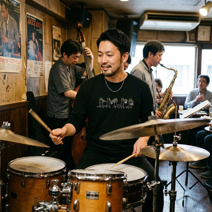 猫 長袖Tシャツ｜黒猫 音楽隊 イラスト｜ねこ ロンT メンズ レディース S-2XL