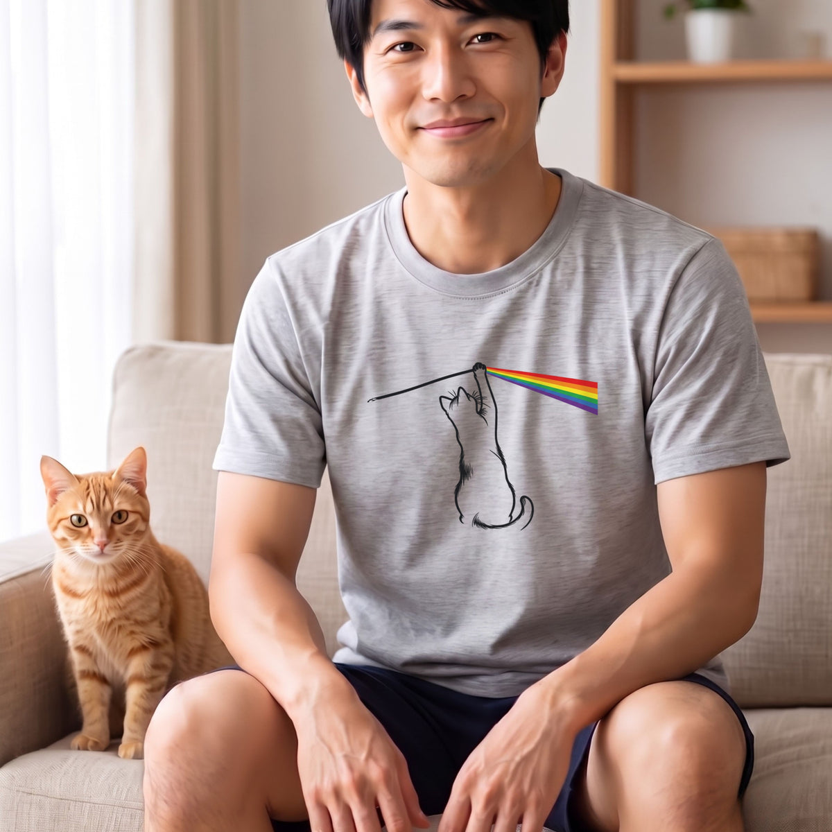 光のプリズムと猫 グラフィックTシャツ