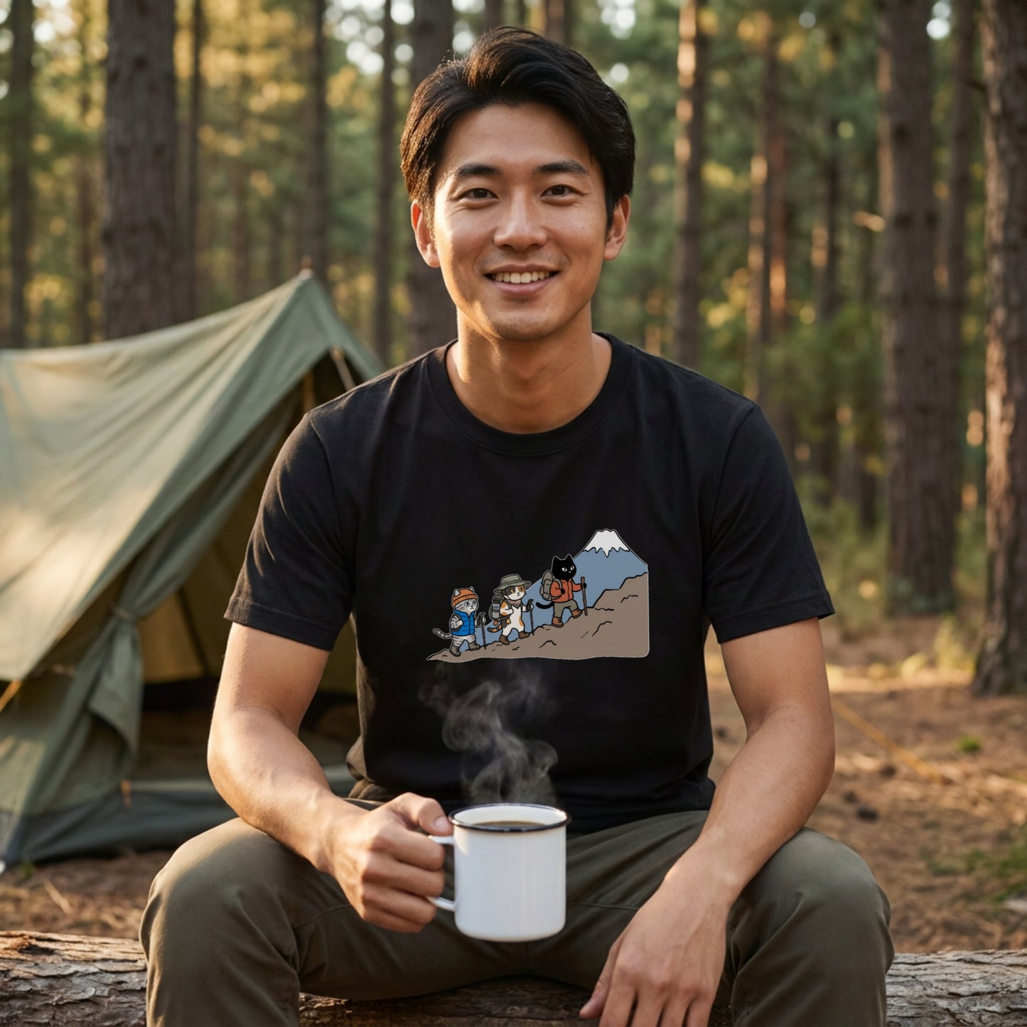HIKING CATS | 手描き風 登山 猫 富士山グラフィック レジャー カジュアル Tシャツ【猫雑貨・山登りウェア・普段着・ユニセックス・ギフトに最適】