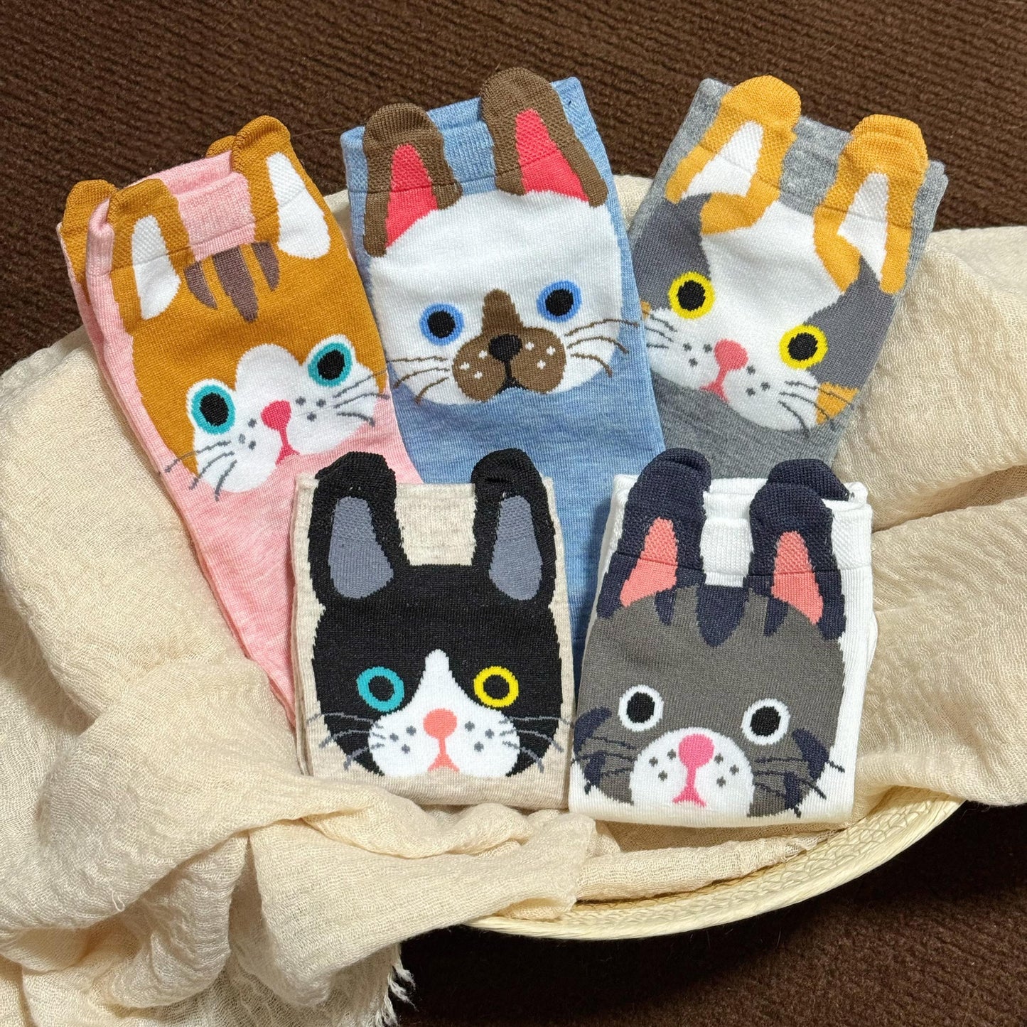 猫靴下 5足組 5種カラーセット  猫顔ソックス 可愛いにゃんこソック 22～25ｃｍ (割引クーポン対象外)