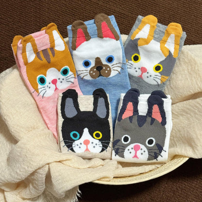 猫靴下 5足組 5種カラーセット  猫顔ソックス 可愛いにゃんこソック 22～25ｃｍ (割引クーポン対象外)