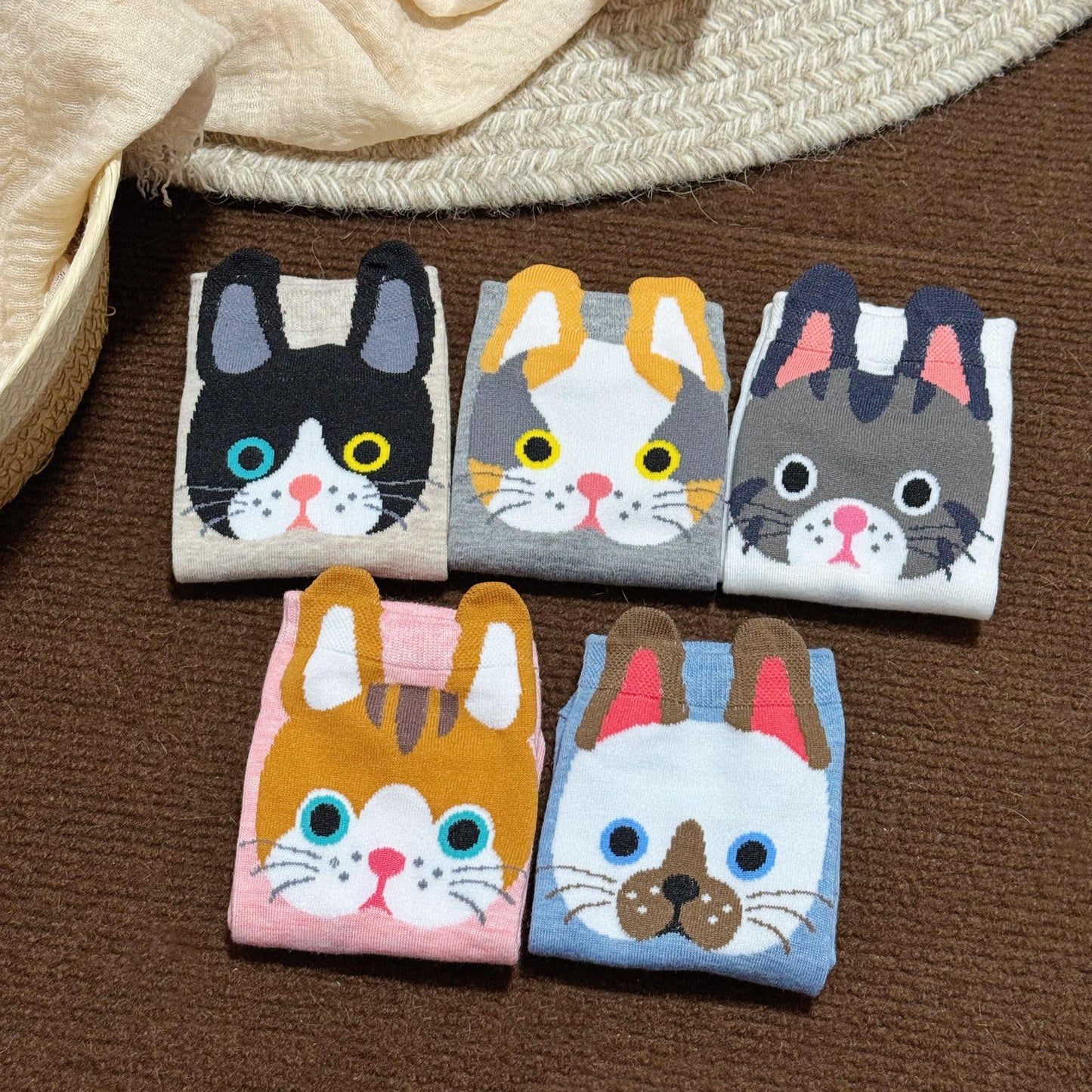 猫靴下 5足組 5種カラーセット  猫顔ソックス 可愛いにゃんこソック 22～25ｃｍ (割引クーポン対象外)