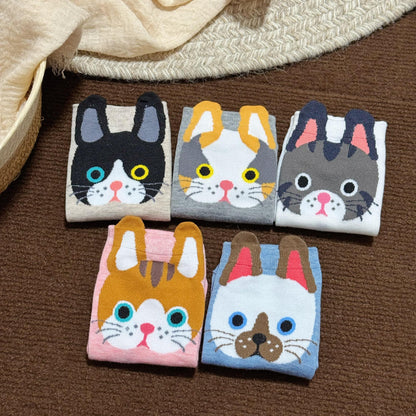 猫靴下 5足組 5種カラーセット  猫顔ソックス 可愛いにゃんこソック 22～25ｃｍ (割引クーポン対象外)