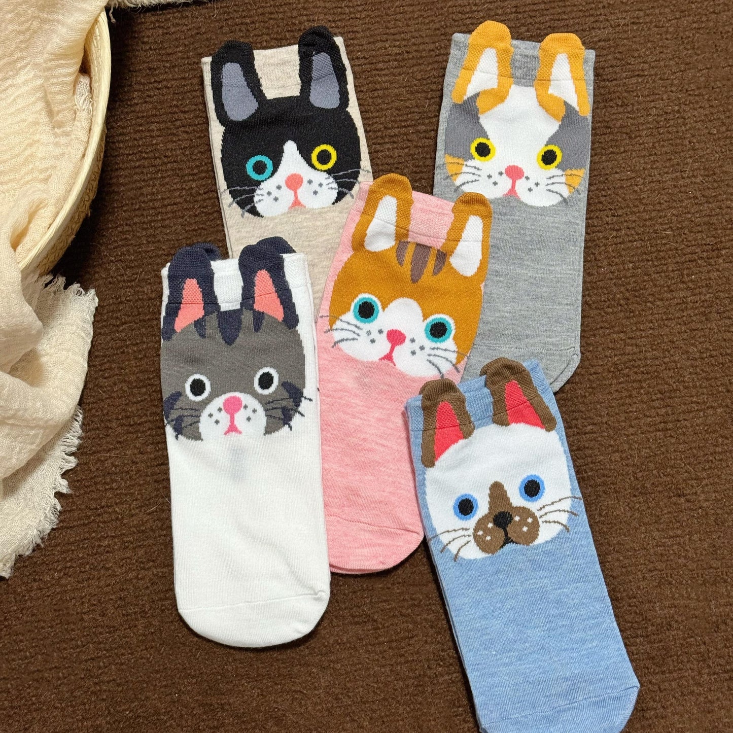 猫靴下 5足組 5種カラーセット  猫顔ソックス 可愛いにゃんこソック 22～25ｃｍ (割引クーポン対象外)