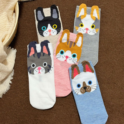 猫靴下 5足組 5種カラーセット  猫顔ソックス 可愛いにゃんこソック 22～25ｃｍ (割引クーポン対象外)