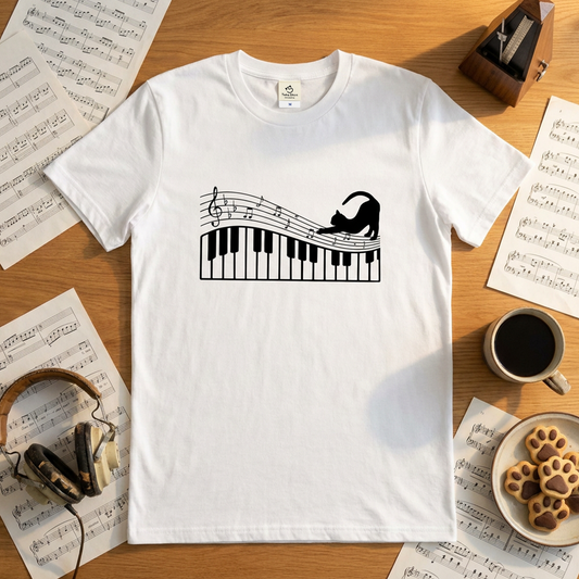 猫ピアノTシャツ|音楽好きに人気