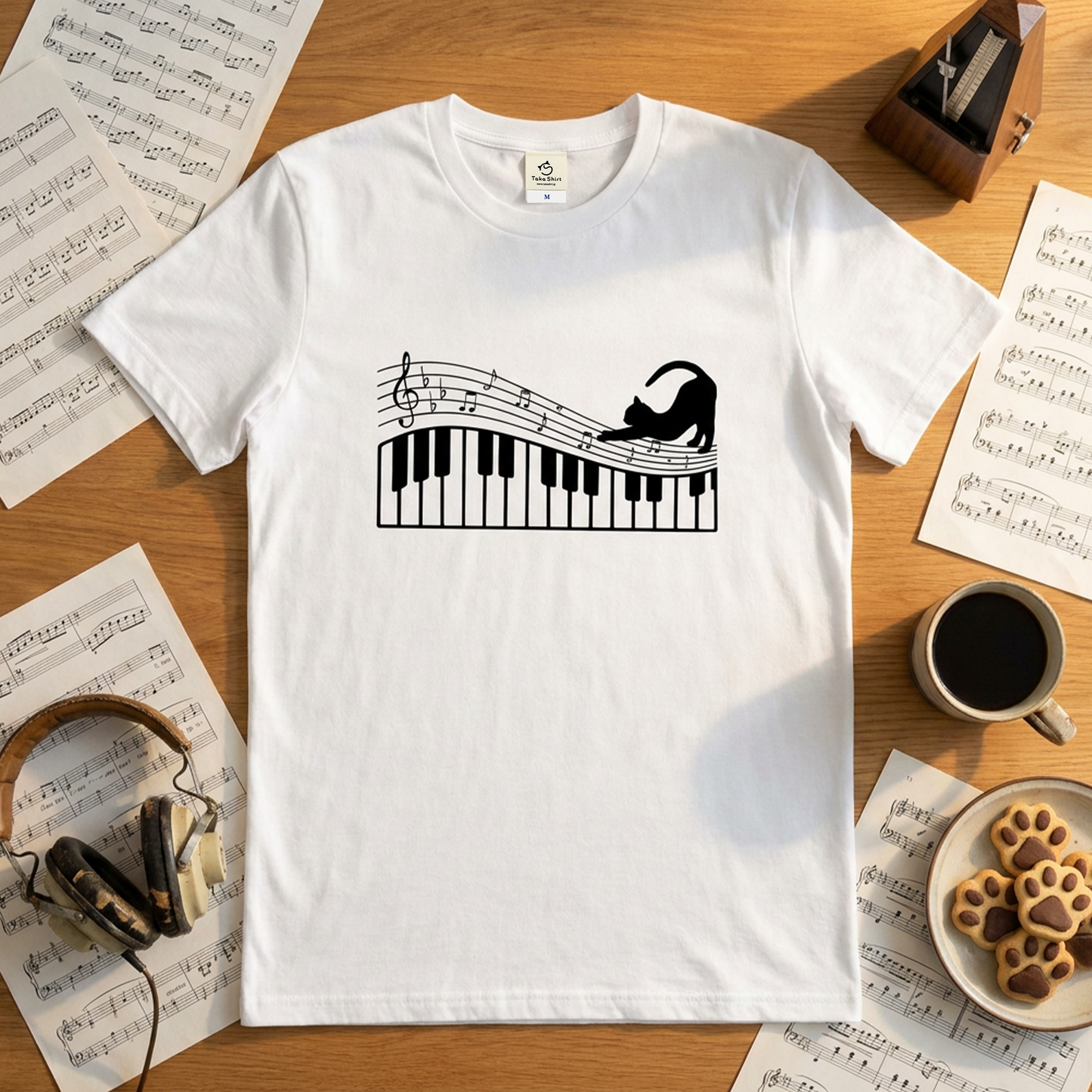 猫ピアノTシャツ｜音楽好きに人気