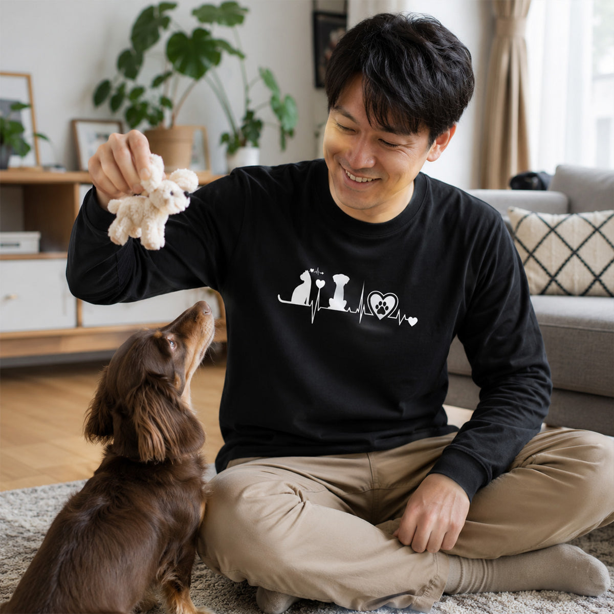 猫 長袖Tシャツ｜猫と犬 ハートビート 猫イラスト｜ねこ ロンT メンズ レディース S-2XL