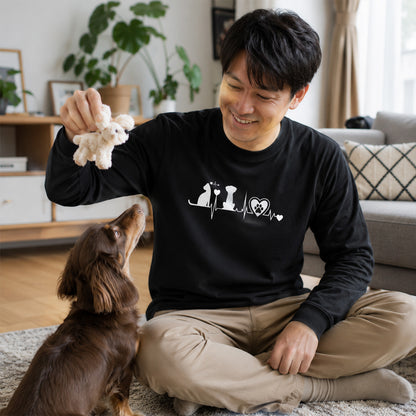 猫 長袖Tシャツ｜猫と犬 ハートビート 猫イラスト｜ねこ ロンT メンズ レディース S-2XL