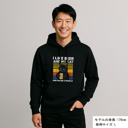 「I LIKE BEER AND MY CAT 」誕生日プレゼントにも最適！居酒屋・飲み会で話題の面白パーカー｜日本酒・ビール・焼酎・ウイスキー好きにおすすめ