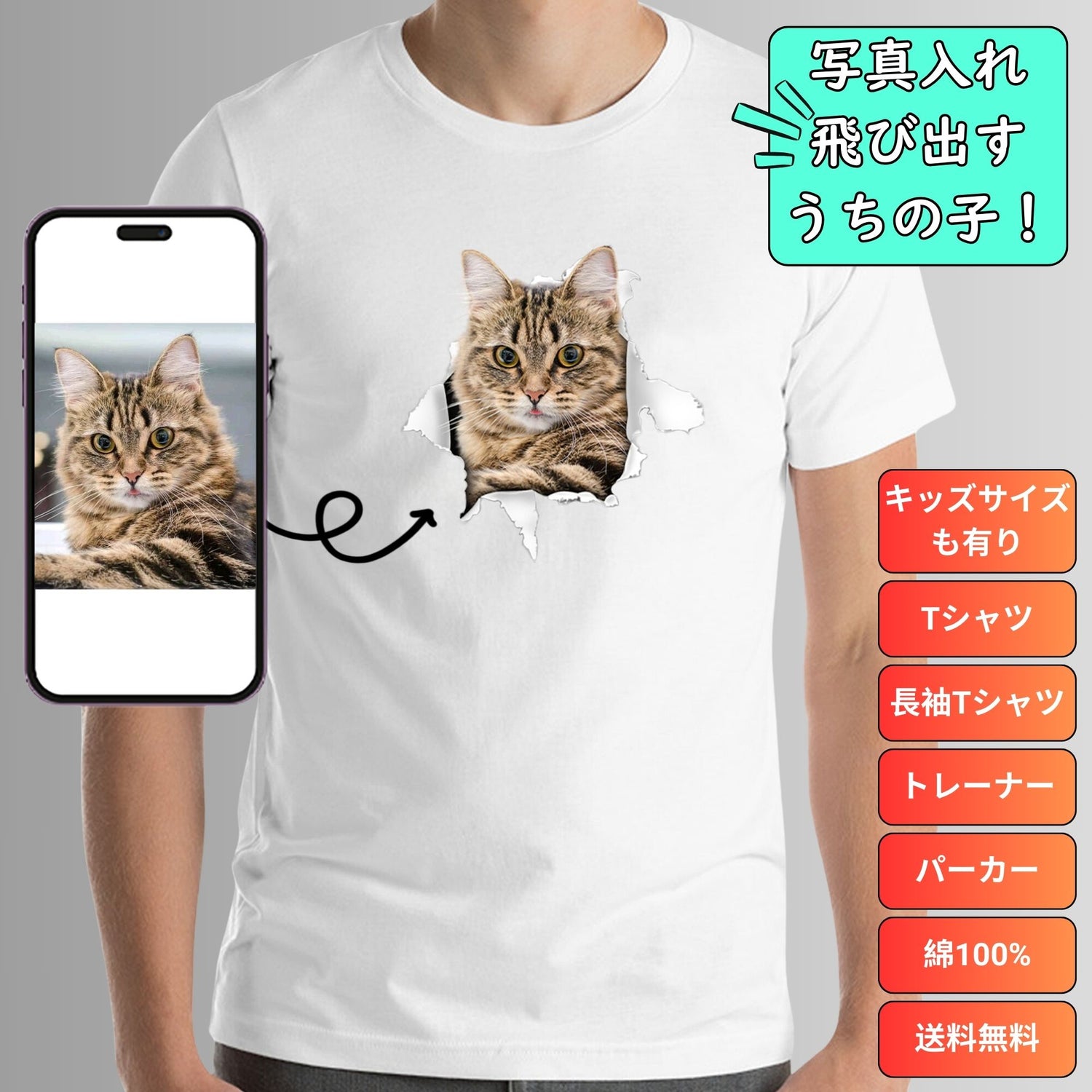 【写真入れ】中から飛び出すうちの子 オリジナＴシャツ ル 写真プリント お誕生日 クリスマス 母の日プレゼント ペット猫 犬 名入れ.
