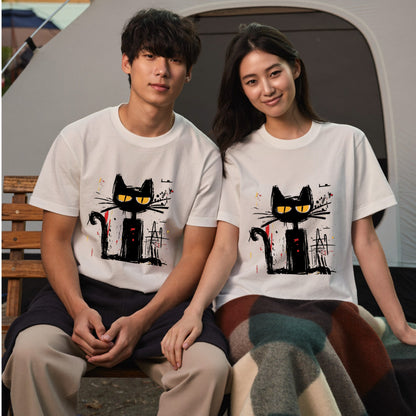 手描き風 黒猫アート Tシャツ ｜ 猫好き・個性的ファッションに人気