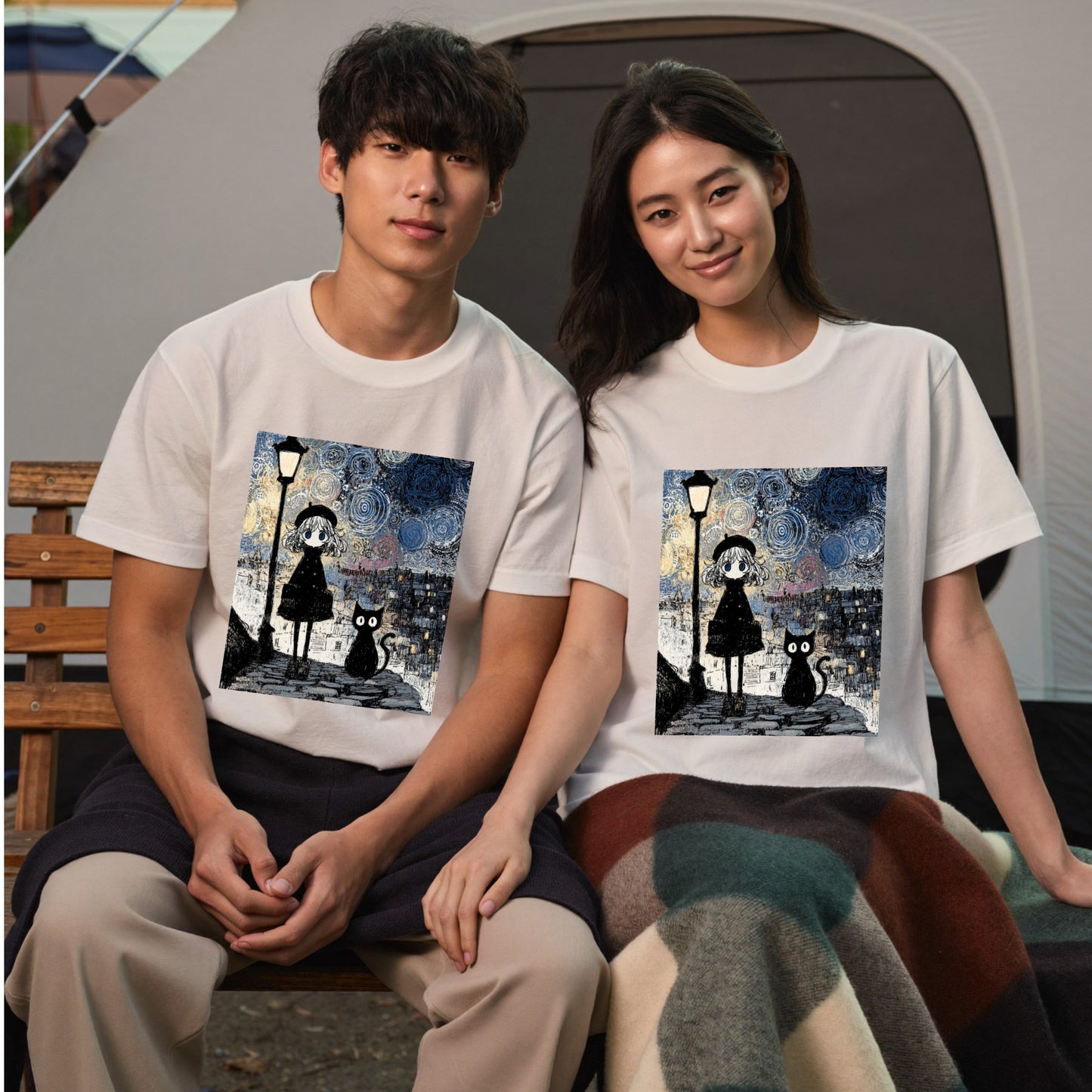星月夜と少女 黒猫 Tシャツ ｜ 猫好き・ゴッホ風・絵画・アニメ好きに人気