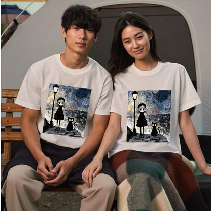 星月夜と少女 黒猫 Tシャツ ｜ 猫好き・ゴッホ風・絵画・アニメ好きに人気