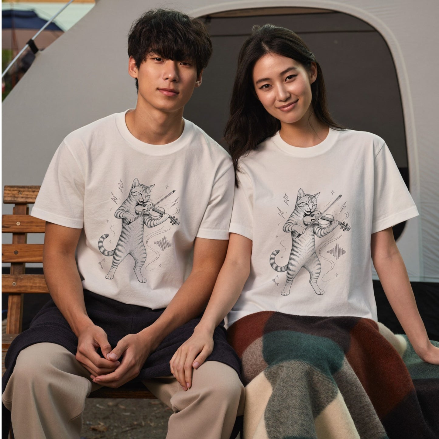 バイオリンキャット | 猫 バイオリン 演奏 イラスト Tシャツ【猫好き・バイオリニスト・クラシック・誕生日ギフトに最適】