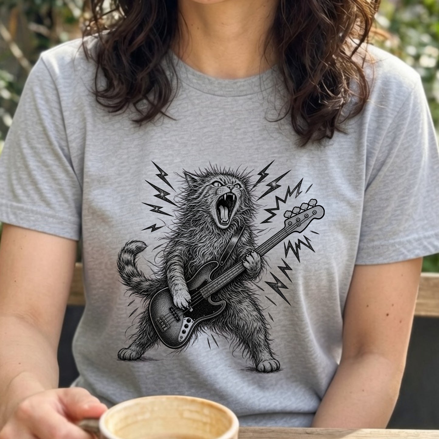 かっこいい猫 | 暴れる猫 ベーシスト エレキベース ロックTシャツ【猫好き・愛猫家・音楽好き・ギフトに最適】