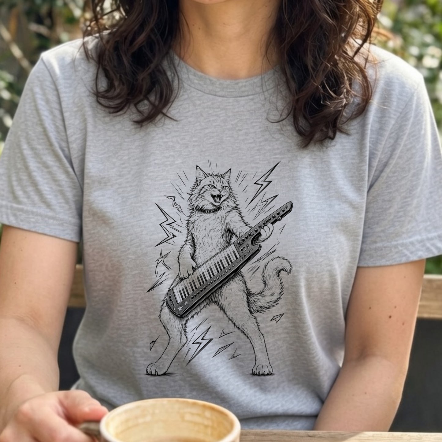 ロックキャット | かっこいい猫 ショルダーキーボード キーター 演奏 イラスト Tシャツ【猫好き・音楽好き・誕生日ギフトに最適】