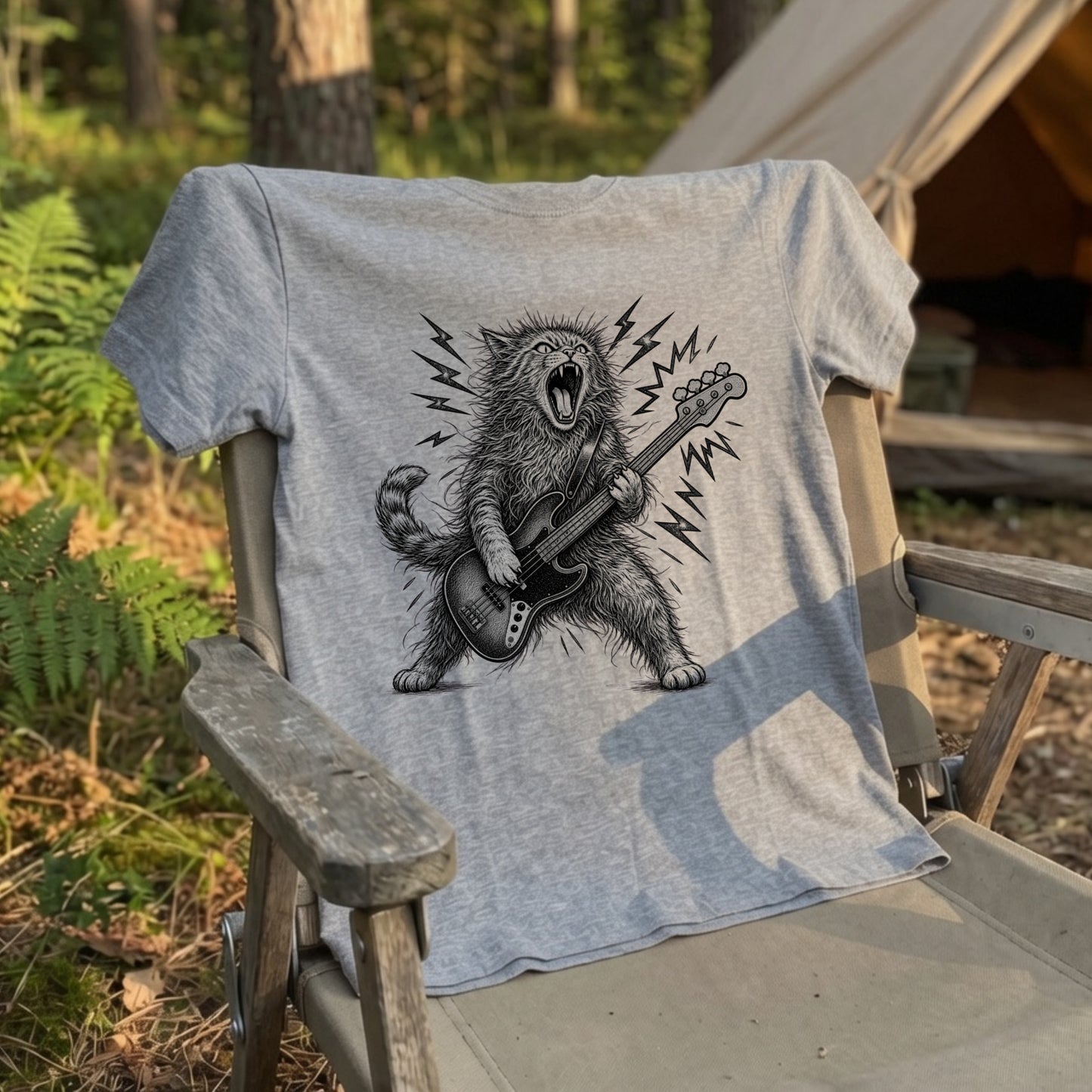 かっこいい猫 | 暴れる猫 ベーシスト エレキベース ロックTシャツ【猫好き・愛猫家・音楽好き・ギフトに最適】