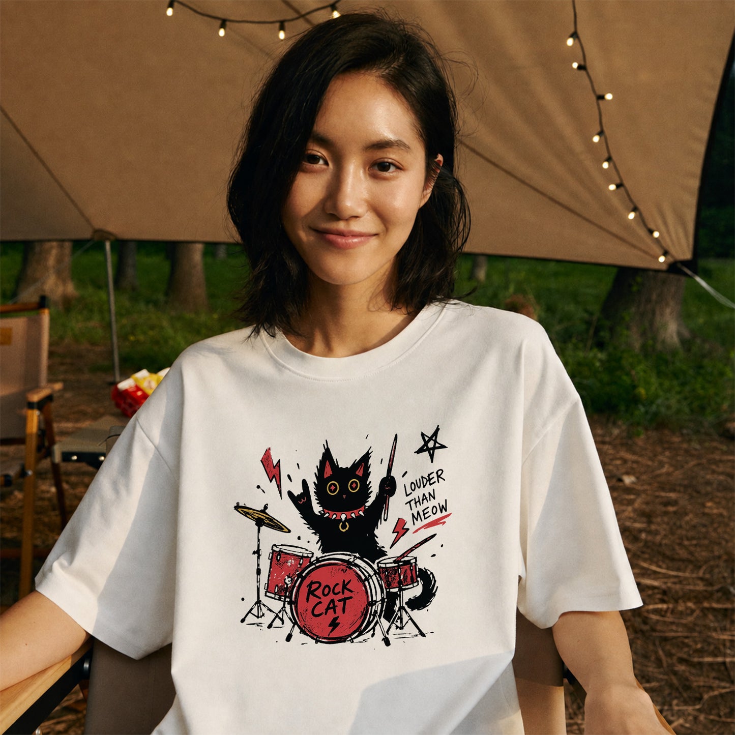 ロック猫 ドラム Tシャツ ｜ 猫好き・バンド・音楽好きに人気