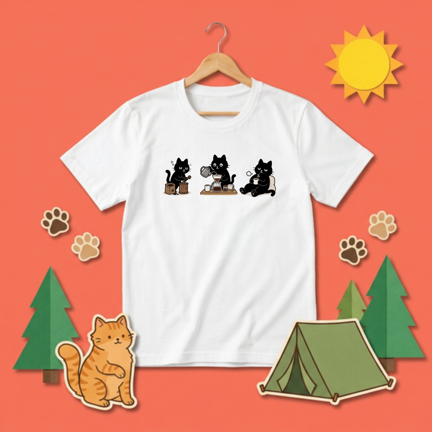黒猫 珈琲時間 | ゆるかわ ハンドドリップ コーヒー 豆挽き カフェ 猫好き Tシャツ【黒猫グッズ・珈琲・おうちカフェ・かわいい・誕生日ギフトに最適】