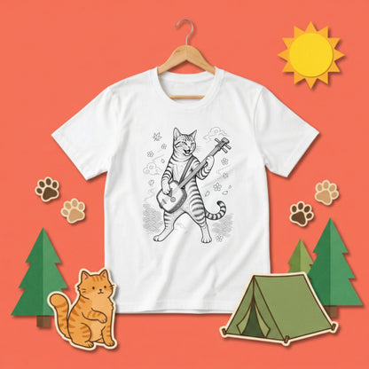 三味線猫 | 三味線 猫 和風 浮世絵風 イラスト Tシャツ【猫好き・和柄・伝統芸能・誕生日ギフトに最適】