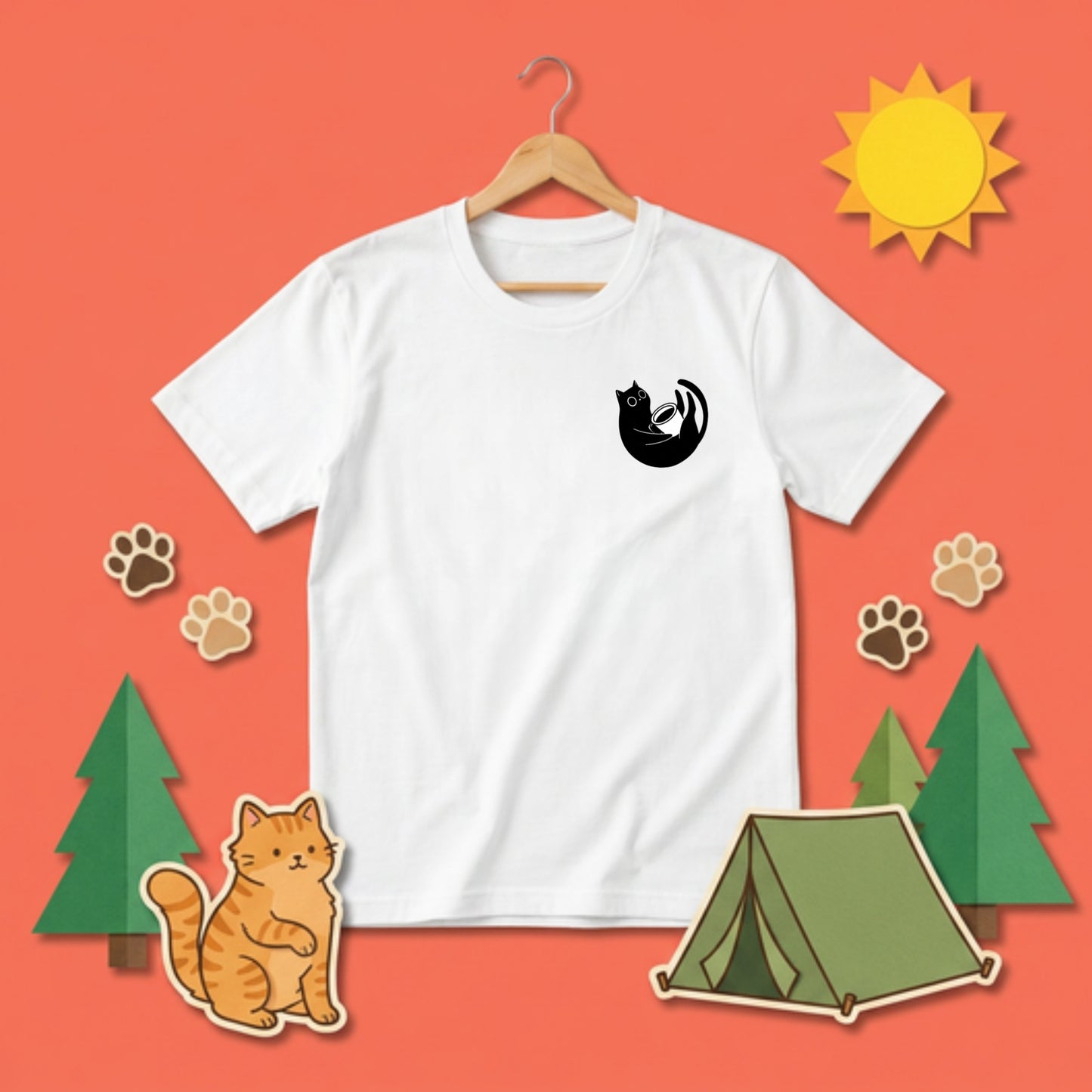 CAT & COFFEE | 手描き風 ワンポイント 黒猫 コーヒーカップ ミニマル グラフィック Tシャツ【猫雑貨・普段着・きれいめ・ユニセックス・ギフトに最適】