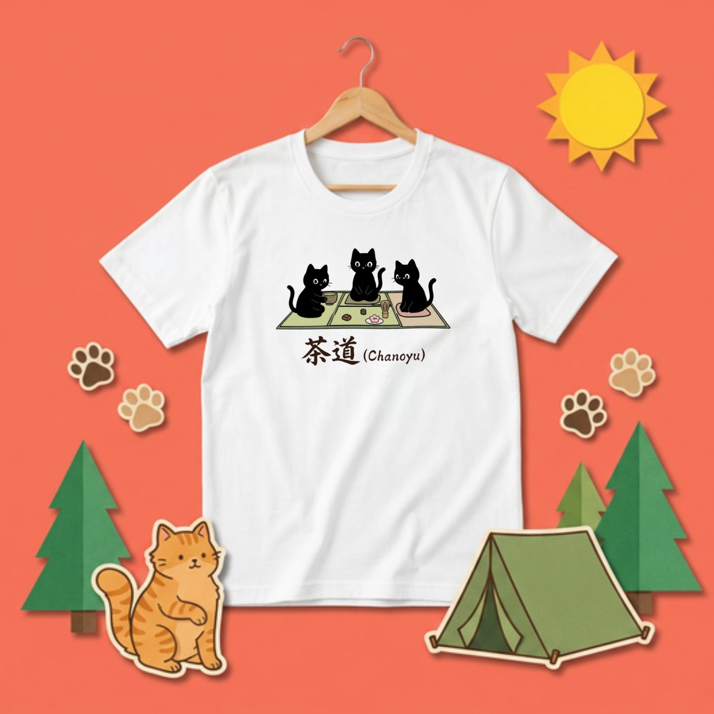 CHANOYU CATS | 手描き風 黒猫 茶道 抹茶スイーツ レトロ和風 グラフィック Tシャツ【猫雑貨・普段着・ルームウェア・ユニセックス・ギフトに最適】