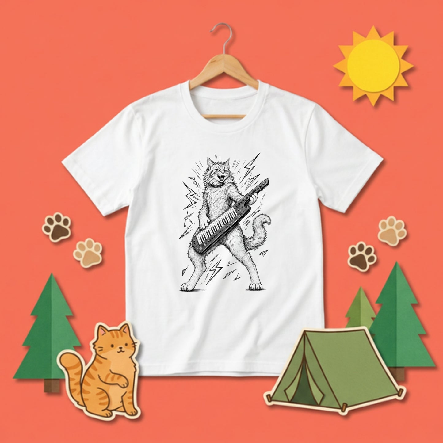 ロックキャット | かっこいい猫 ショルダーキーボード キーター 演奏 イラスト Tシャツ【猫好き・音楽好き・誕生日ギフトに最適】