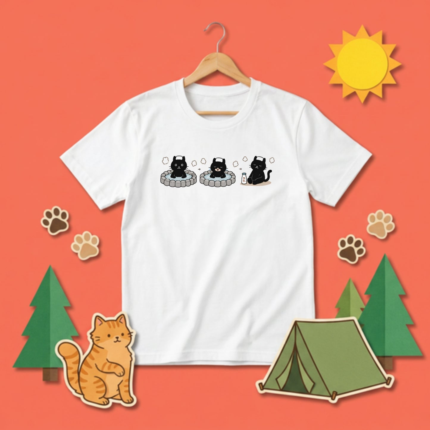 温泉 黒猫 | ゆるかわ 露天風呂 湯上がり 牛乳 銭湯 猫好き Tシャツ【黒猫グッズ・お風呂・サウナ・和柄・かわいい・誕生日ギフトに最適】