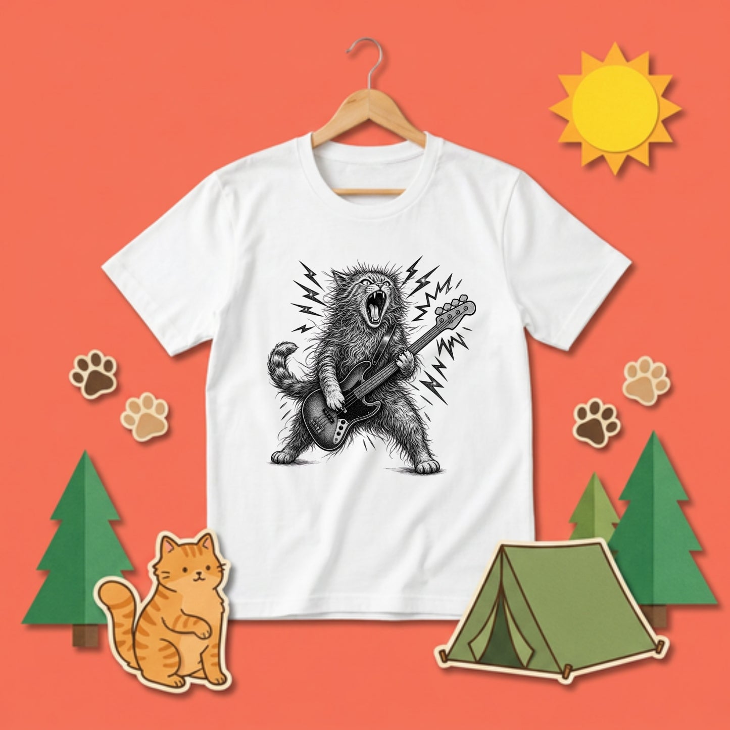 かっこいい猫 | 暴れる猫 ベーシスト エレキベース ロックTシャツ【猫好き・愛猫家・音楽好き・ギフトに最適】
