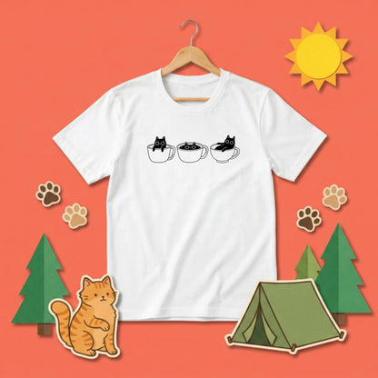 CAT IN CUP | 手描き風 シンプル 黒猫 コーヒー マグカップ グラフィック Tシャツ【猫雑貨・普段着・ルームウェア・ユニセックス・ギフトに最適】