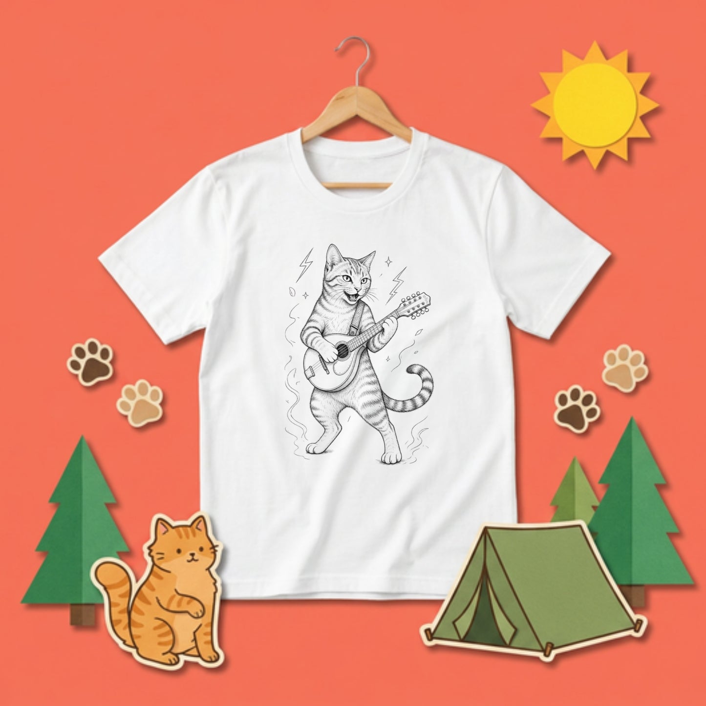 マンドリンキャット | かわいい猫 マンドリン 演奏 イラスト Tシャツ【猫好き・音楽好き・誕生日ギフトに最適】
