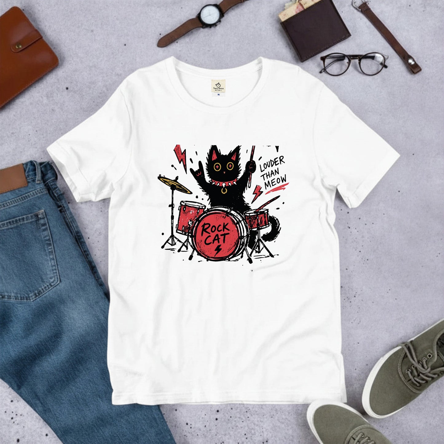 ロック猫 ドラム Tシャツ ｜ 猫好き・バンド・音楽好きに人気