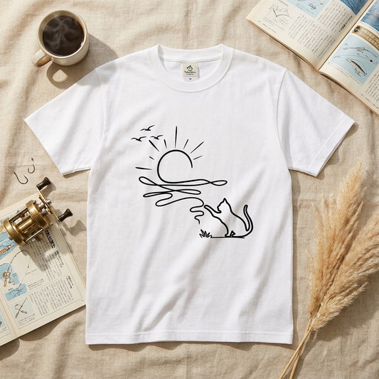 猫と毛糸の夕日 Line Art Tシャツ ｜ 猫好き・おしゃれ・ナチュラルに人気