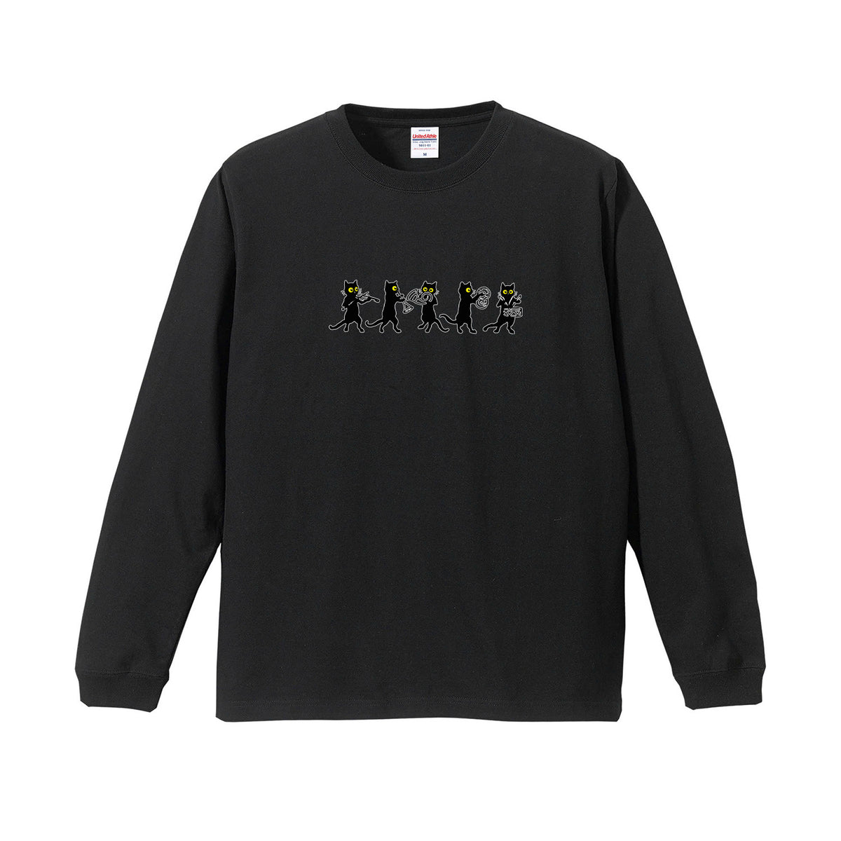 猫 長袖Tシャツ｜黒猫 音楽隊 イラスト｜ねこ ロンT メンズ レディース S-2XL