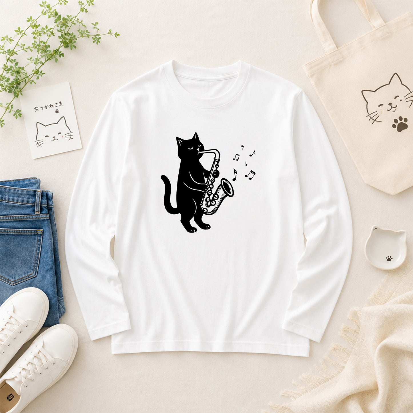 猫 長袖Tシャツ｜サックス猫イラスト｜ねこ ロンT メンズ レディース S-2XL