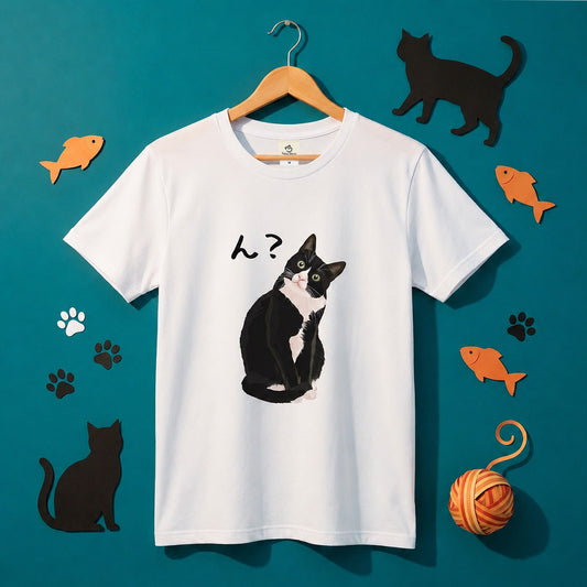 猫tシャツ ねこ 猫イラスト ハチワレ猫 ん?|アダルト&キッズサイズ